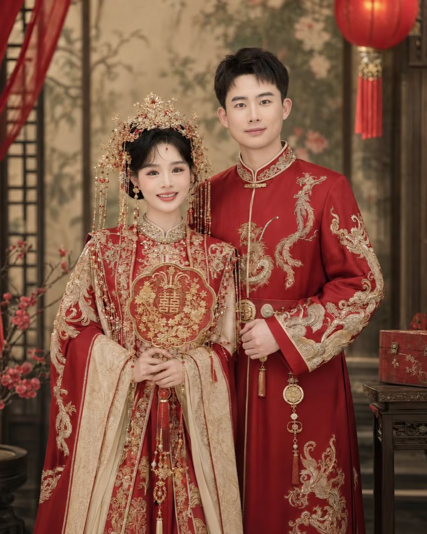 周新沦与李小妮的中式婚纱合照